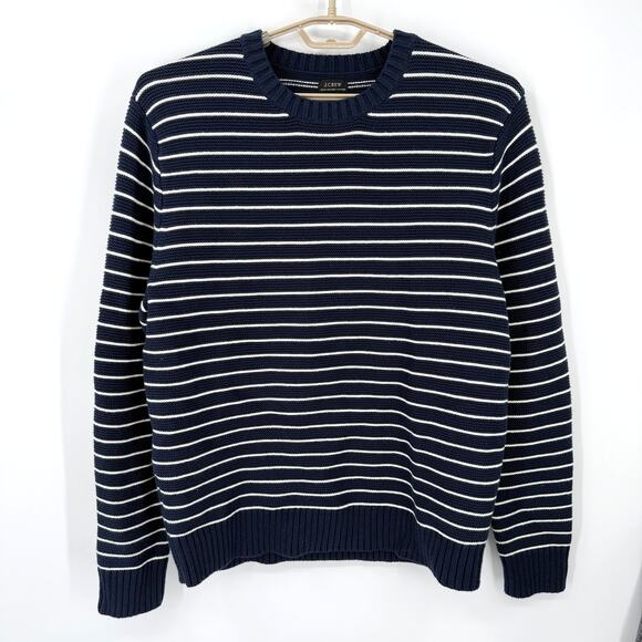 J Crew Mens 100% Organic Cotton Navy Stripe Sweater Thick Cozy Size Large - Picture 1 of 6